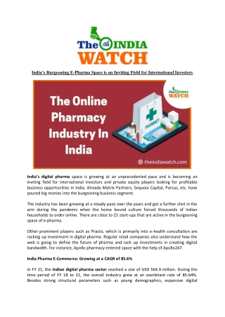 India’s Burgeoning E-Pharma Space is an Inviting Field for International Investors
