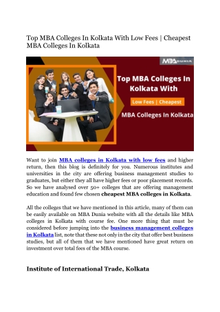 Top MBA colleges in Kolkata with Low Fees