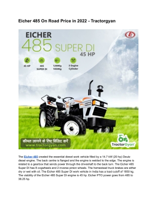 Eicher 485 Features, Price, Specifications in 2022 - Tractorgyan