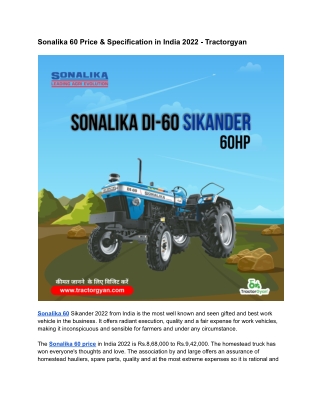 Sonalika 60 Tractor Key Specification, Price in India 2022 - Tractorgyan