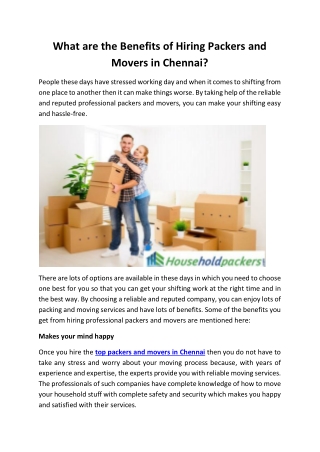 What are the Benefits of Hiring Packers and Movers in Chennai