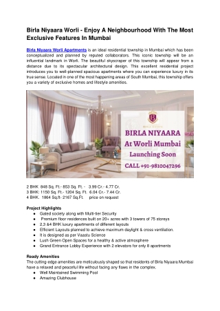 Birla Niyaara Worli - Enjoy A Best Neighbourhood With Luxury Amenties