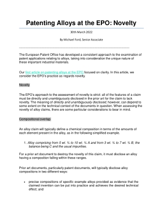 Patenting Alloys at the EPO: Novelty