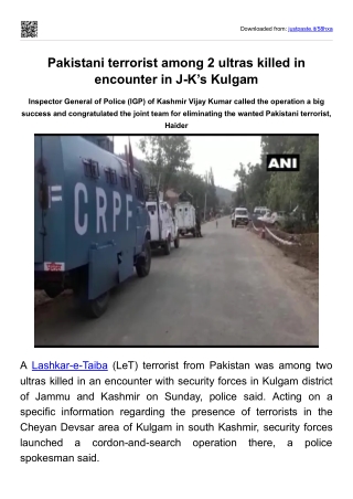 Pakistani terrorist among 2 ultras killed in encounter in J-K’s Kulgam