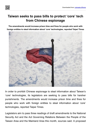 Taiwan seeks to pass bills to protect ‘core’ tech from Chinese espionage