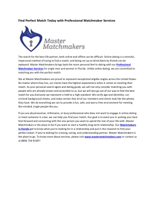 Find Perfect Match Today with Professional Matchmaker Services
