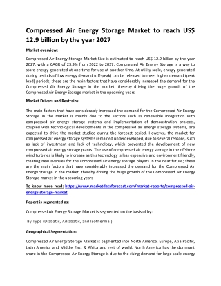 Compressed Air Energy Storage Market to reach US$ 12.9 billion by the year 2027