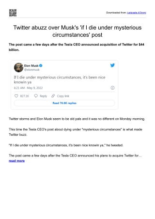 Twitter abuzz over Musk's 'if I die under mysterious circumstances' post