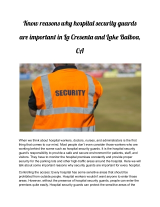 Know reasons why hospital security guards are important in La Cresenta and Lake Balboa, CA