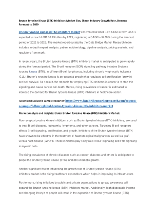 Bruton Tyrosine Kinase (BTK) Inhibitors Market Size, Share, Industry Growth Rate, Demand Forecast to 2029