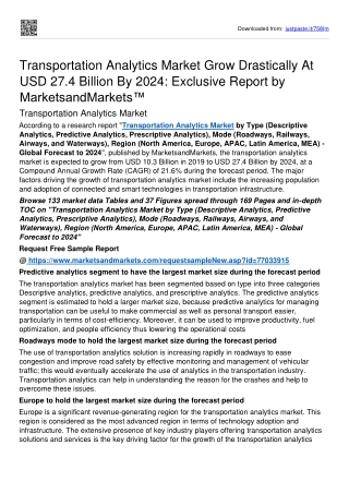 Transportation Analytics Market Predicted to grow USD 27.4 Billion by 2024, MnM