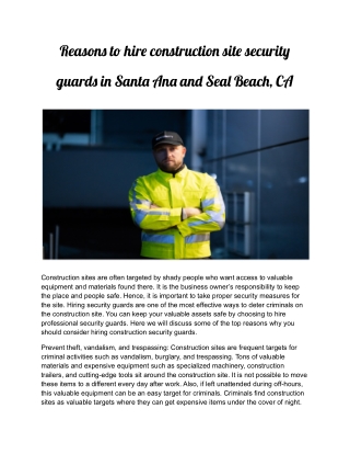 Reasons to hire construction site security guards in Santa Ana and Seal Beach, CA