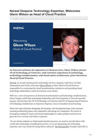 narwalinc.com-Narwal Deepens Technology Expertise Welcomes Glenn Wilson as Head of Cloud Practice