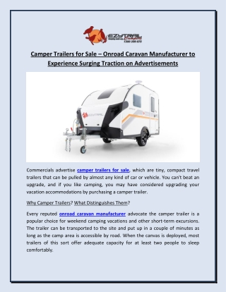 Camper Trailers for Sale – Onroad Caravan Manufacturer to Experience Surging Traction on Advertisements