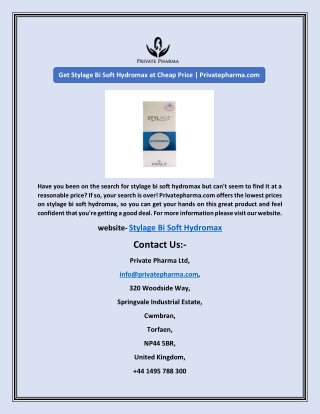 Get Stylage Bi Soft Hydromax at Cheap Price | Privatepharma.com