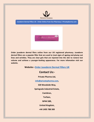 Juvederm Dermal Fillers Uk - Order Online From Our Pharmacy | Privatepharma.com