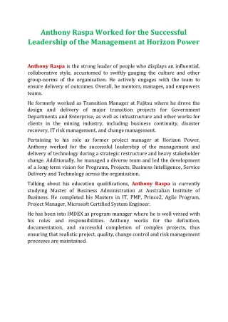 Anthony Raspa Worked for the Successful Leadership of the Management at Horizon Power