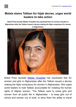 Malala slams Taliban for hijab decree, urges world leaders to take action