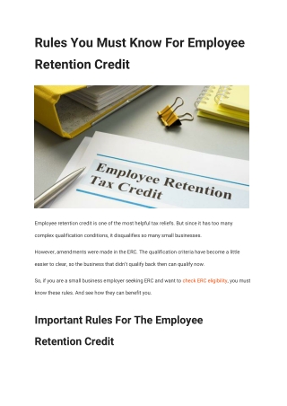 Rules You Must Know For Employee Retention Credit