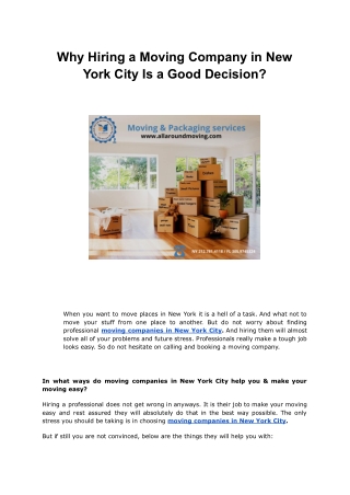Why Hiring a Moving Company in New York City Is a Good Decision?