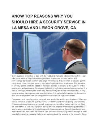 KNOW TOP REASONS WHY YOU SHOULD HIRE A SECURITY SERVICE IN LA MESA AND LEMON GROVE, CA