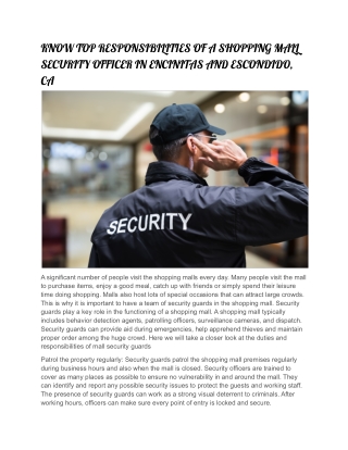 KNOW TOP RESPONSIBILITIES OF A SHOPPING MALL SECURITY OFFICER IN ENCINITAS AND ESCONDIDO, CA