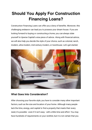 Should You Apply For Construction Financing Loans