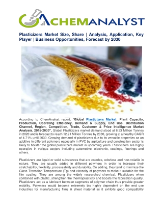 Plasticizers Market Size, Share, Industry Analysis Report and Forecast, 2030
