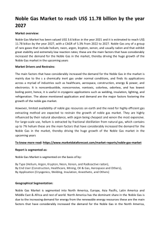 Noble Gas Market to reach US$ 11.78 billion by the year 2027