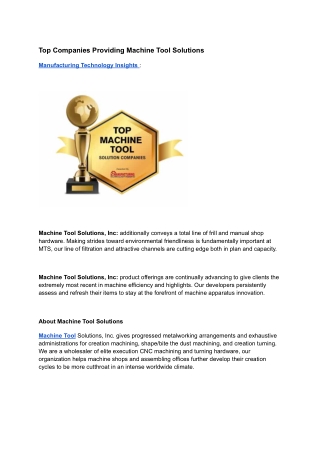 Top Companies Providing Machine Tool Solutions
