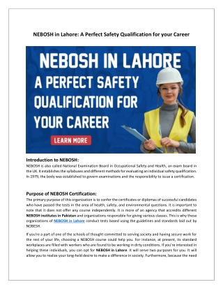 NEBOSH in Lahore - A Perfect Safety Qualification for your Career