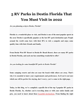 5 RV Parks in Destin Florida That You Must Visit in 2022