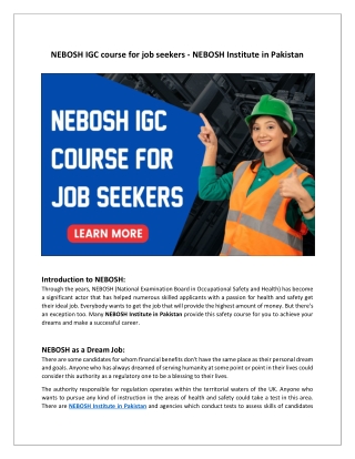 NEBOSH IGC course for job seekers - NEBOSH Institute in Pakistan