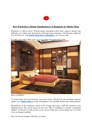 Best Wardrobes Cabinets Manufacturers in Bangalore by Shutter Shop