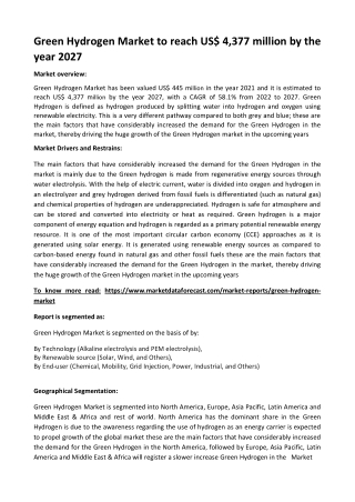 Green Hydrogen Market to reach US$ 4,377 million by the year 2027