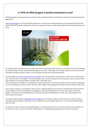 Is TATA LA VIDA Gurgaon a worthy Investment or not