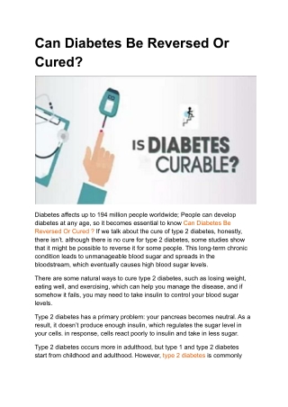 Can Diabetes Be Reversed Or Cured