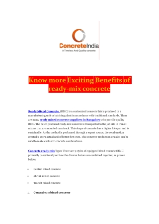Know more Exciting Benefits of ready-mix concrete