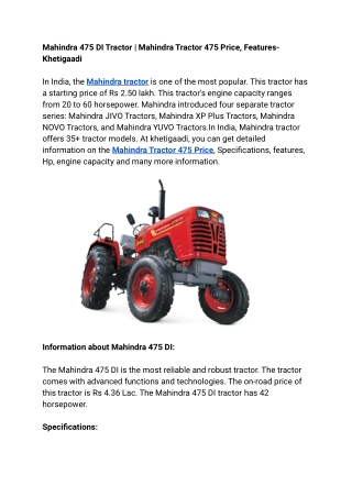 Mahindra 475 DI Tractor | Mahindra Tractor 475 Price, Features- Khetigaadi
