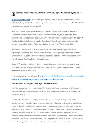 Bejel Treatment Market Innovation, Demand, Growth, Development & Research by Forecast to 2028