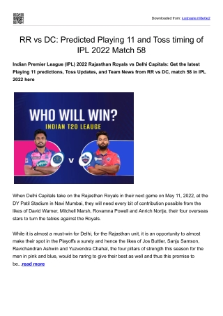 RR vs DC-Predicted Playing 11 and Toss timing of IPL 2022 Match 58