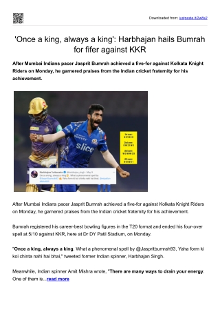 'Once a king, always a king'-Harbhajan hails Bumrah for fifer against KKR