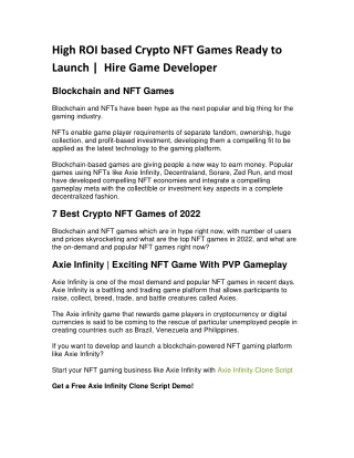 High ROI based Crypto NFT Games Ready to Launch | Hire Game Developer