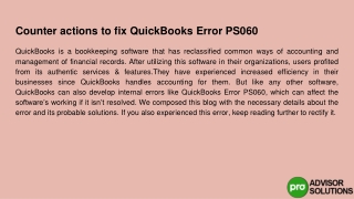 Effective Counter Actions to Fix QuickBooks Error PS060