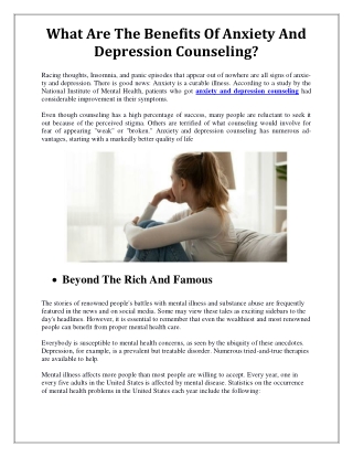 What Are The Benefits Of Anxiety And Depression Counseling