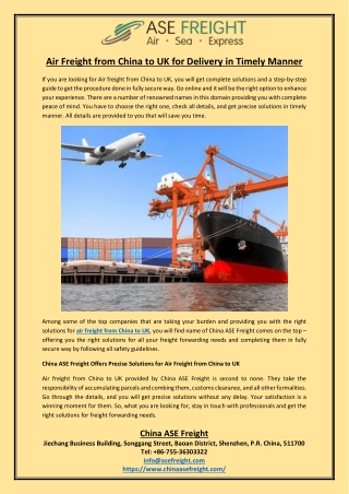 Air Freight from China to UK for Delivery in Timely Manner