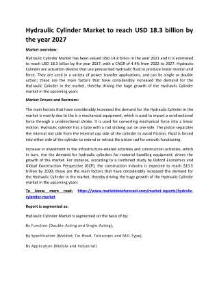 Hydraulic Cylinder Market to reach USD 18.3 billion by the year 2027