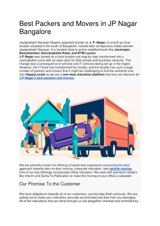 Best Packers and Movers in JP Nagar Bangalore