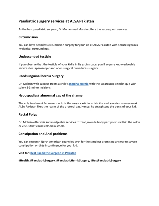 Paediatric surgery services at ALSA Pakistan