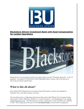 Blackstone Attract Investment Bank with Good Compensation for London Operations